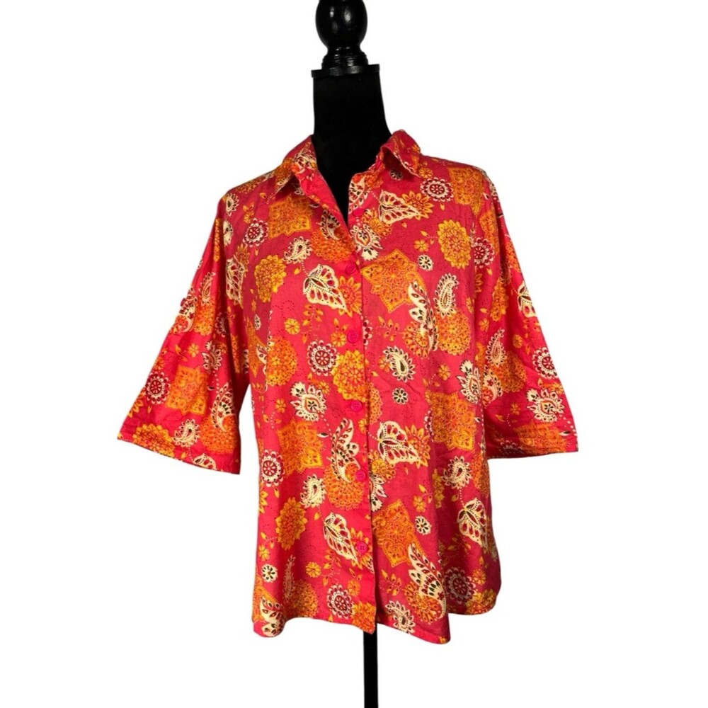 Norm Thompson Orange Hawaiian Shirt Floral Print Button-Up Top Women's PL